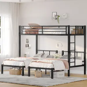 Black Metal Triple Bunk Bed - Twin overover Twin & Twin Design, Sturdy Durable 3-Person Bunk Bed with Safety Guardrails, Ideal for Bedroom Dorm Small Apartment