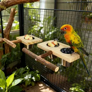 1 Set DIY Assembled Wood Budgie and Cockatiel Bird Feeder With Stand And Single/Double Stainless Steel Feeding Cup Solid Wood Bird Platform Bird Food Box Parrot Feeders Bird Stand Wooden Claw And Beak Sharpener Parrot Toy Bird Cage Accessories Bird Suppli