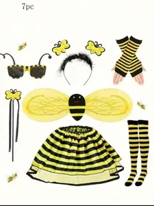 7-Piece Party Bee Costume Set, Includes Socks Sleeves Skirt Bee Headband Glasses, Perfect for Stage Performance & Makeup