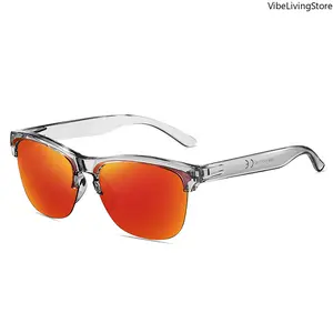 Unisex Semi Rimless Square Sunglasses, Polarized UV400 Protection Anti Glare, Lightweight Clear Frame Fashion Shades for Men Women Driving Daily Outdoor Wear