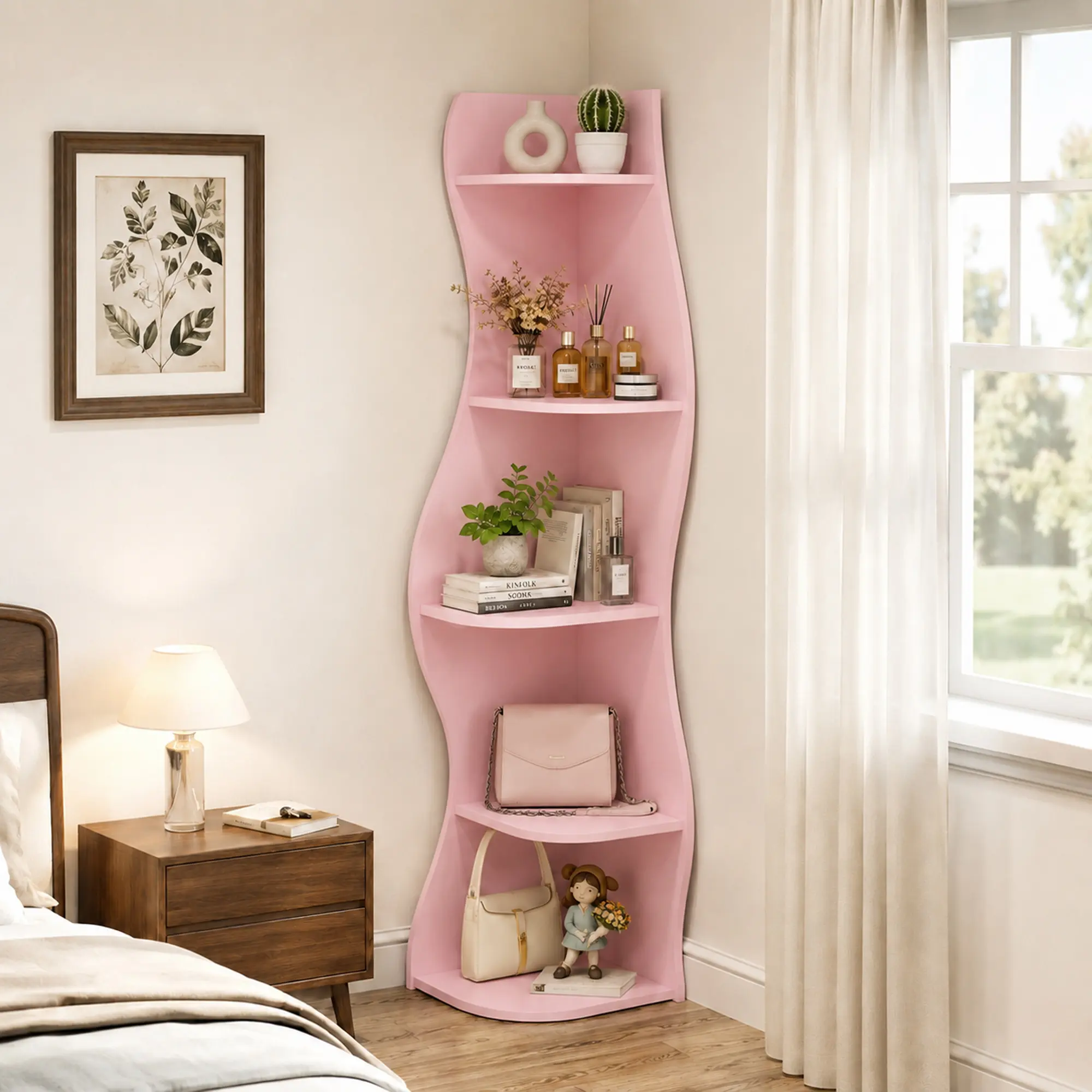 5-Tier S-Shaped Curved Corner Shelf - Modern Freestanding Engineered Wood Display Rack, Space-Saving Bookshelf & Plant Stand for Living Room, Room Decor, Requires Assembly, Pink, Shelves