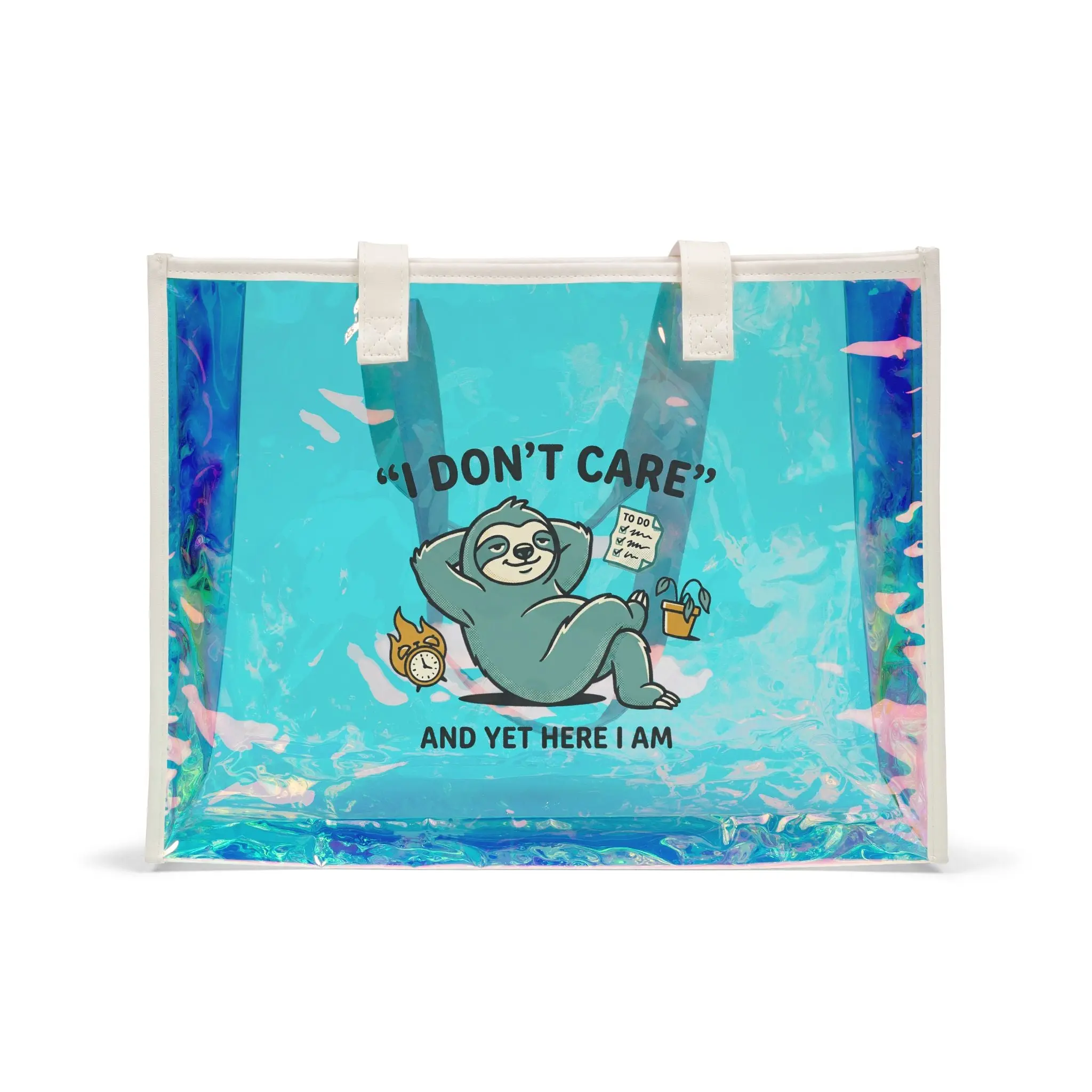 "I Don't Care" Sloth Holographic Clear Beach Tote Bag
