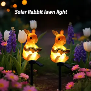 Solar Rabbit Reading Book Garden Stake Light, Decorative Solar Powered Outdoor Lighting, Resin Material, Easy Ground Installation, Outdoor Decor for Fairy Tale Gardens, Pathways, Patios, Solar Landscape Lights