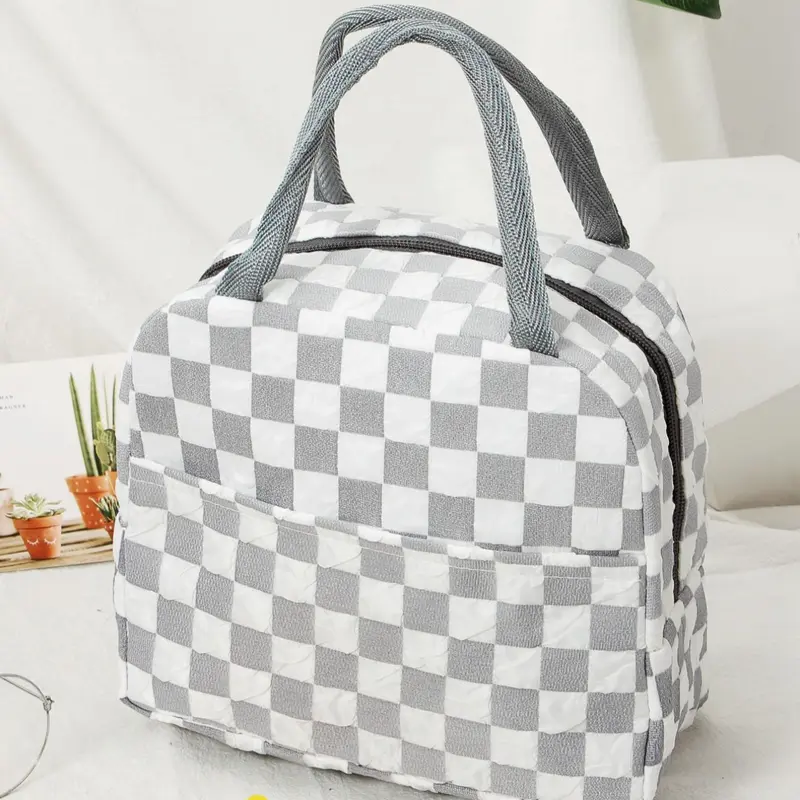 Plaid Pattern Portable Insulated Lunch Bag, Waterproof Lunch Box Bag with Zipper for Women & Men, Casual Trendy Versatile High-quality Daily Commuting Bag, Thermal Bag, Waterproof Lunch Tote, Zipper Lunch Bags