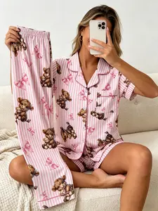 Women's 3 Piece Cute Animal Pajama Set, Loungewear, Short Sleeve Button Down Top, Shorts & Pants, All Season, Pink Stripe Highland Cow Print, Ideal For Pet Cuddling Time, Pyjamas