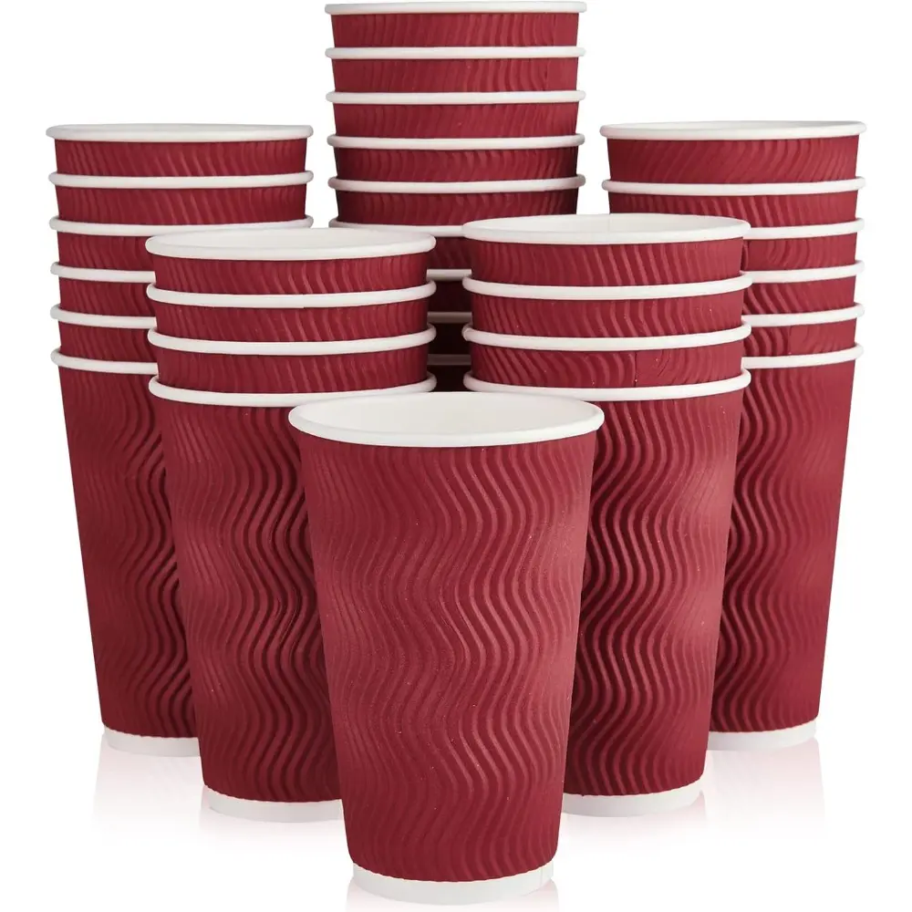 60 Pcs 16 oz Modern Wine Red Disposable Insulated Ripple-Wall Paper Coffee Cups, Easy-to-Use Insulator Party Cups for Coffee, Tea