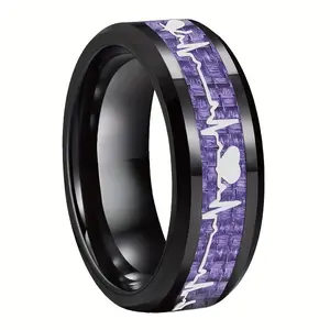 Titanium Stainless Steel Ring for Men & Women, Heartbeat Carbon Fiber Inlay, Uncoated Durable Design Jewelry Gift for Couple Fit Daily Wear