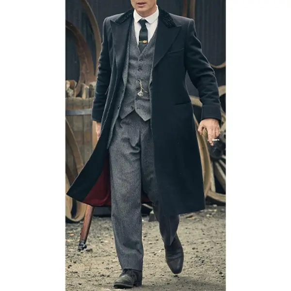 Men's Black Long Wool Coat – Peaky Blinders Inspired Thomas Shelby Style Vintage Overcoat with Notched Lapel