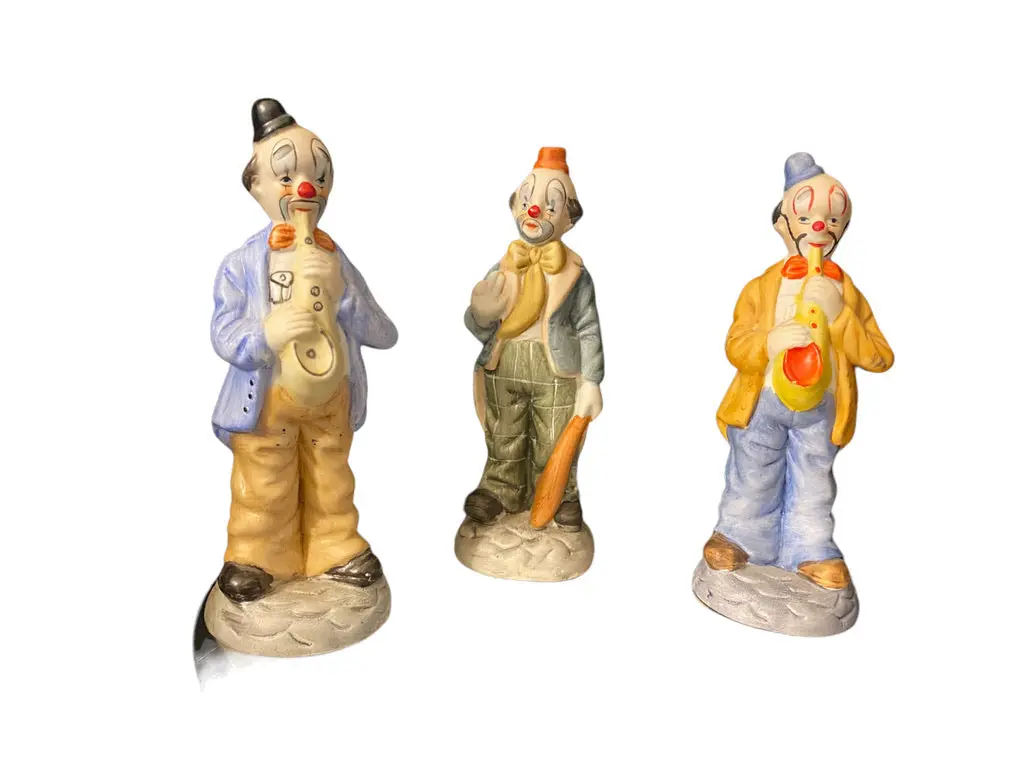 Vintage Set Of Three  Ceramic Clown, Two Playing Saxophone, 8” T