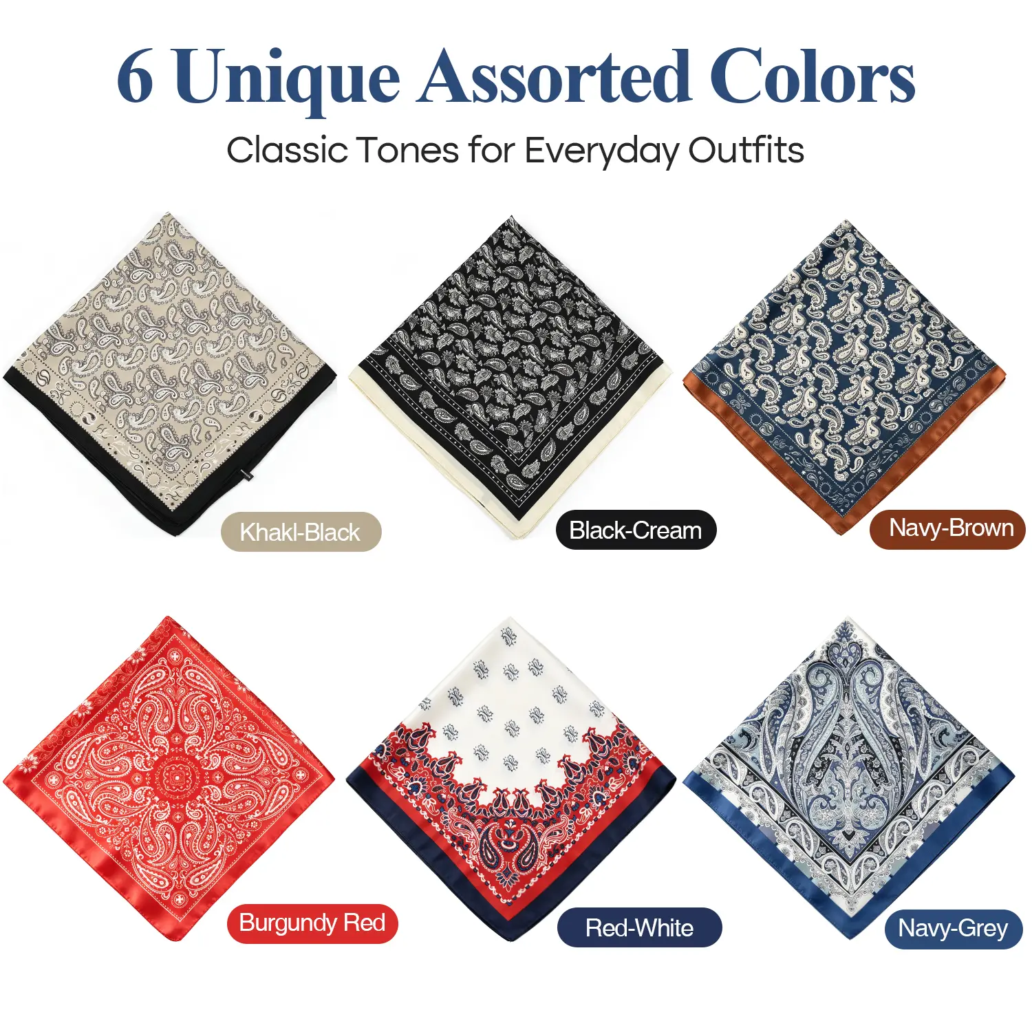 SOHOCHIC 6PCS 27×27 Inch Extra Large Paisley Bandana Scarf Set, 6 Assorted Colors, Silk-Like Polyester Scarves for Hair, Head, Neck, Beach, Western, Boho, Festivals & Parties
