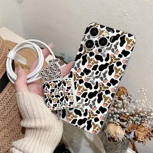 5 Piece Set Cow Pattern Phone Case, Charger Head Cover, Cable Protector, Storage Rope, Anti-Drop Tpu Shell for iPhone Models