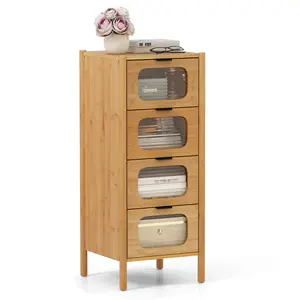 COSTWAY - 4-Drawer Dresser Bamboo Storage Cabinet with Fluted Tempered Glass Drawers-Natural