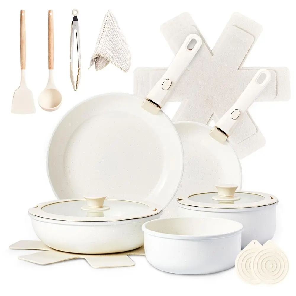 【Summervibes】Ubesgoo 19-Piece Nonstick Cookware Set with Removable Handle Cookware, Space-Saving Induction Cookware Set, Kitchen & RV Cooking Set with Frying Pan, Sauce Pan, Wok, Tempered Glass Lid, Oven Safe