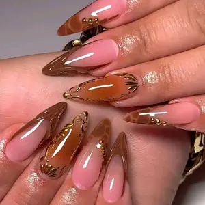 Bowtie Nailbox | Luxury Autumn Brown Amber Tortoise Shell Gold Chrome Swirl French Tip Long Stiletto Shape Handmade Reusable Sturdy Press On Nails False Nails Gel Manicure Winter Holiday Party 2025 Glossy Finish Elegant Trendy Art Gift Design