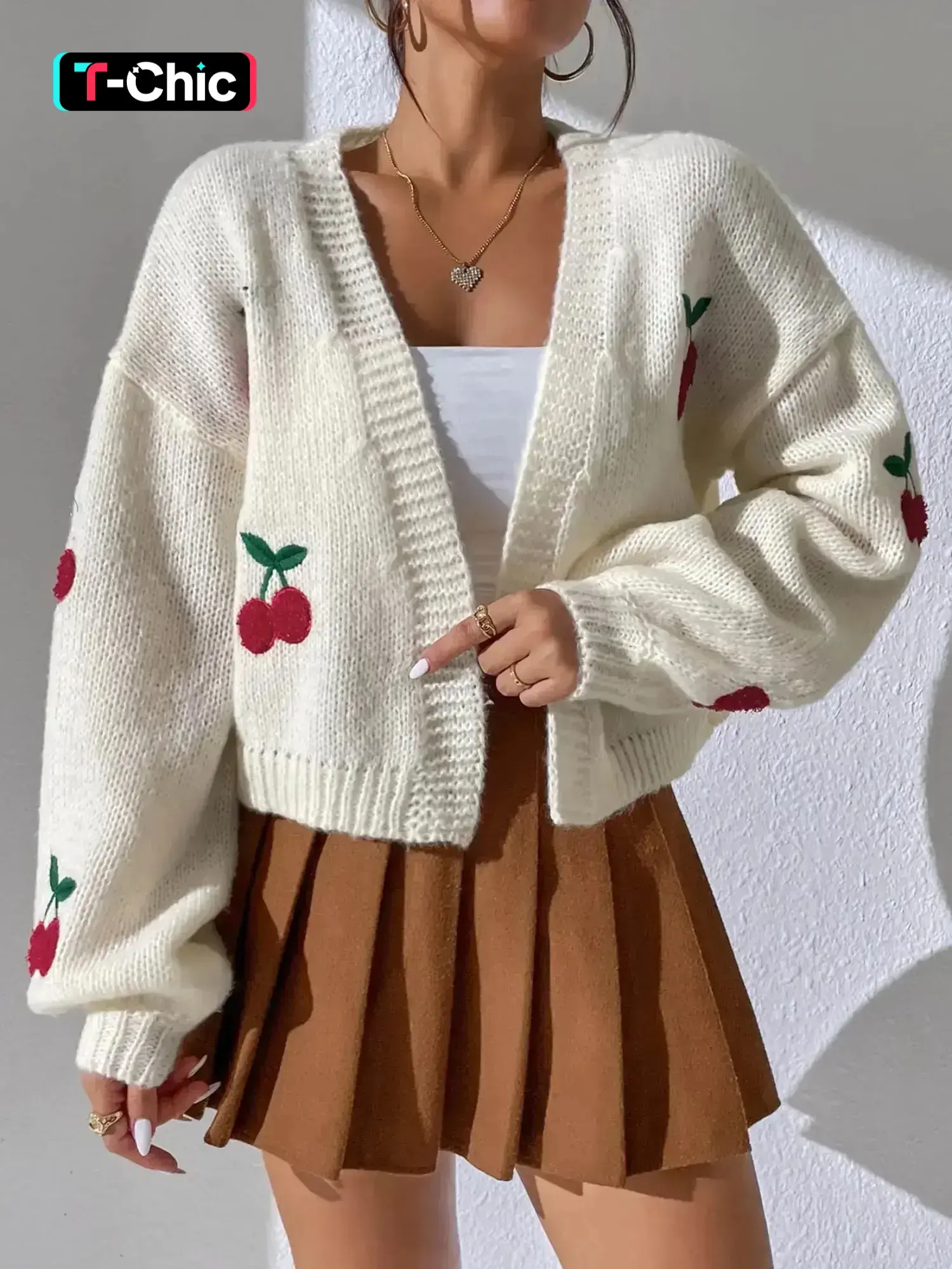 Women's Cherry Pattern Cardigan without Shoes, Casual Long Sleeve Open Front Knitwear for Fall & Winter, Fashion Ladies' Knit Clothing for Daily Wear, Knitting, Womenswear, Knit Cardigans