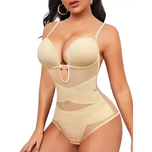 Women’s crisscross cut-out sheer shapewear bodysuit, adjustable strap contrast mesh bodysuit, tummy control clothing, summer clothes, high-stretch shaper for daily wear