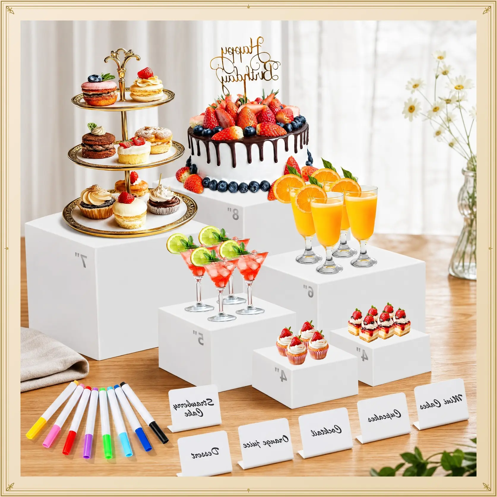 6 Pcs White Acrylic Buffet Risers with Mini Sign and Maker,Food Display Stands for Buffet Table Party Catering Dessert Jewelry Collectibles,Nesting Cube Boxes with Hollow Bottoms,Tools & Hardware ﻿