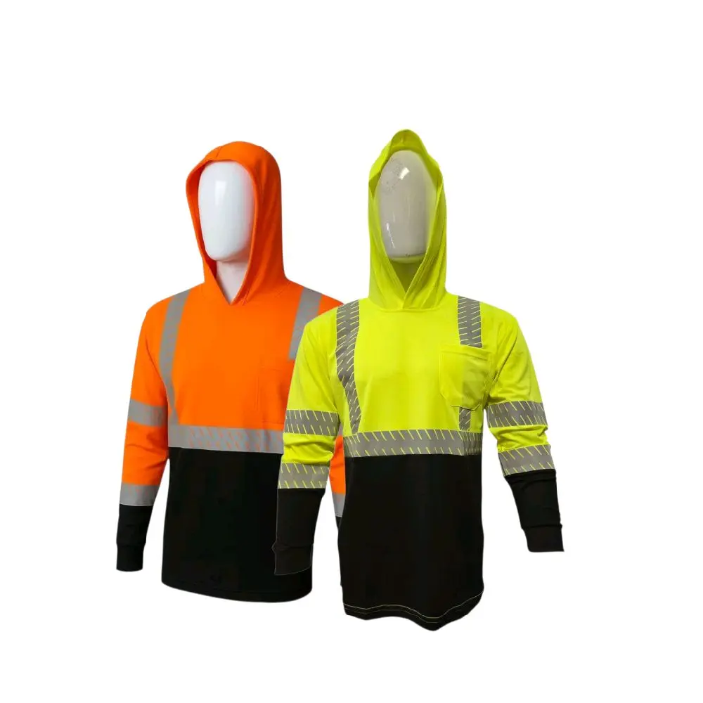 Unisex Reflective Construction Work Safety Hoodie - High-Visibility, Long-Sleeve, Black Bottom with Print Reflectors, Quick-Dry Work Safety Equipment
