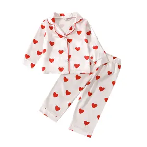 Toddler Baby Little Girl Pajamas Long Sleeve Lapel Neck Buttons Heart Print Tops Sleeping Home Straight Pants