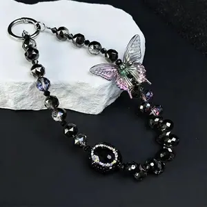 Luxury High-End Black Crystal Butterfly Beaded Handheld Chain Wrist Short Lanyard Phone Wristlet Phone Case Keychain Bag Accessory Black Crystal Oval Gem Butterfly Bracelet [Includes Transparent Clasp]