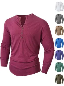 Men's Solid Long-Sleeve Button Henley Shirt, Slim Fit Henley Tee, Casual Sportswear, Athletic Apparel, Outdoor Fitness Top, Classic Versatile Inner or Standalone, Clearance Sale, Men's Wardrobe Essential