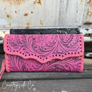 PINK Piper Tooled Leather Wallet Wristlet
