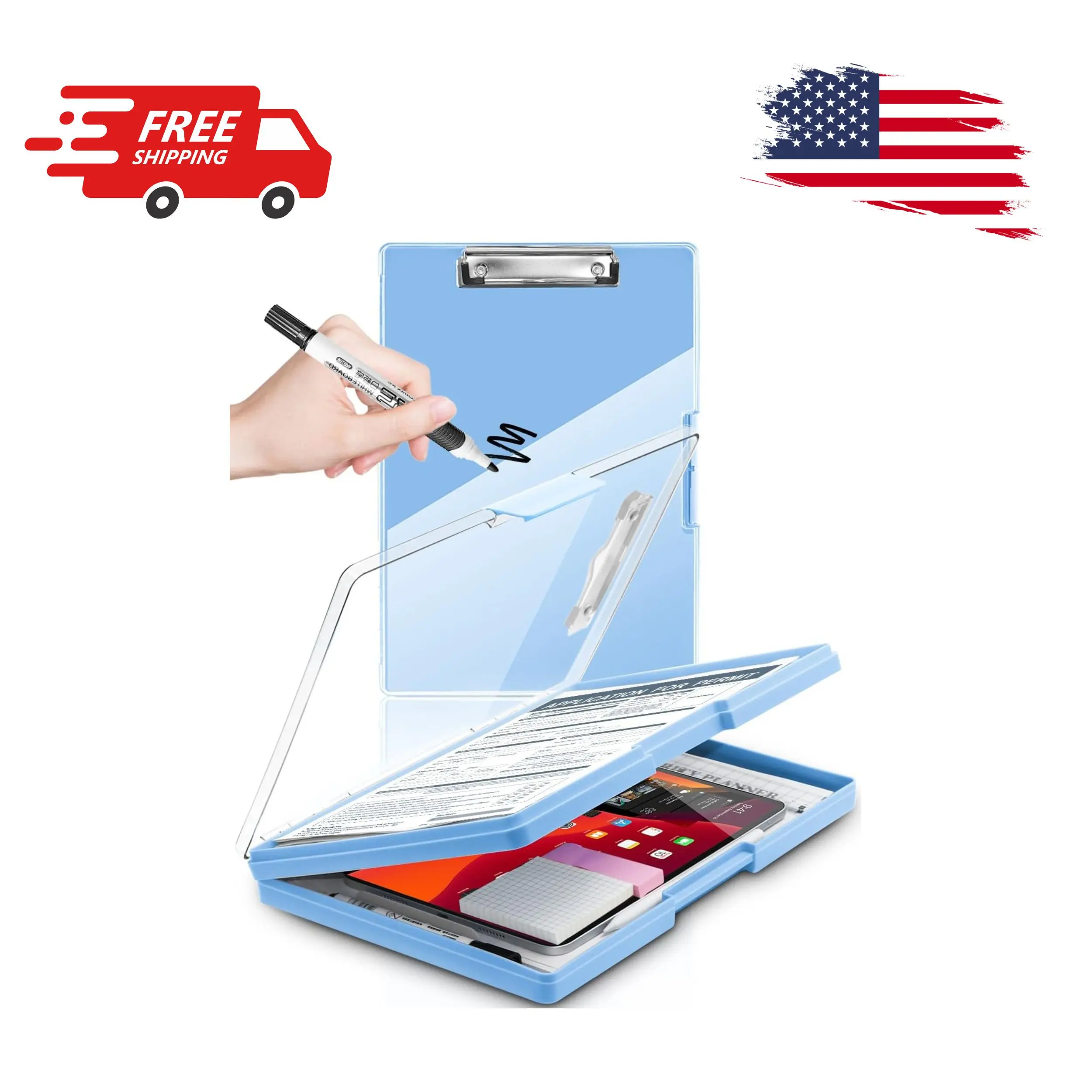 Clear Clipboard with 2 Storage and Pen Holder, Dry Erase 8.5x11 Heavy Duty, Aqua Blue