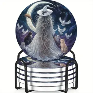 6-piece ceramic coaster/cup holder set, featuring a witch and animals under the moonlight. Heat-resistant, non-slip beverage mats suitable for home and restaurant table decorations; a perfect housewarming gift.