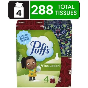 Puffs Plus Lotion Facial Tissue, 4 Mega Cube Boxes, 72 Tissues Per Box