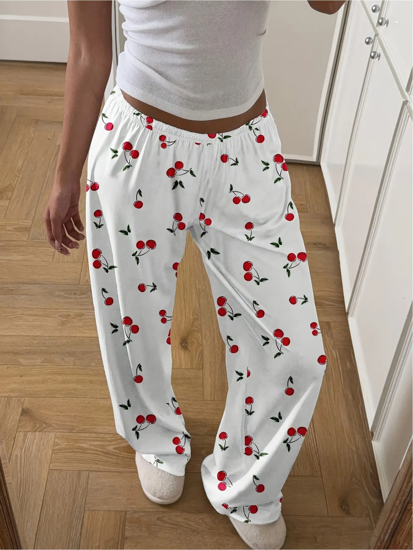 Women's Casual Cherry Print Wide-Leg Pants Elastic Waist Drawstring, Lightweight, All-Season Comfort for Summer, Fall & Winter Outings, Cherry Pants, Lounge Pajama Pants, Elastic Waist Loungewear, Loose Lounge Clothes