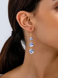 Vintage Style Hand-Painted Blue and Porcelain Beaded Earrings, Unique Design Chinese Wind Round Ball Elegant Women's Fashion Dangle Earrings