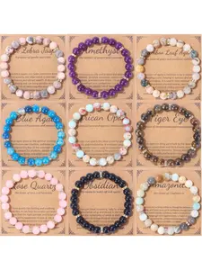 9-piece natural crystal bracelet, unisex - 8mm semi-precious stone bead bracelet, crystal elastic round bead bracelet, neutral jewelry gift