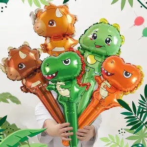 10pcs Dinosaur Cartoon Animal Hand Held Stick Aluminum Film Balloons for Boy Birthday Baby Shower Party Favors Decorations