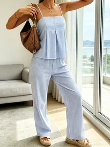 French Effortless Blue White Stripe Square Neck Cami Wide Leg Pants Two Piece Set Preppy Soft Girl Blue White Stripe Square Neck Cami Wide Leg Pants Co-ord Set Minimalist Chic Blue White Stripe Square Neck Cami Wide Leg Pants Matching Set Striped