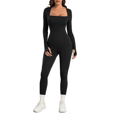 Women's Ribbed Jumpsuit - Long Sleeve Sport Romper With Front Zip | Yoga & Workout Bodysuit | All-in-One Active Wear