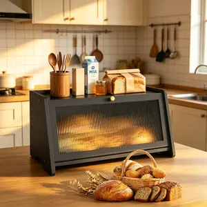 JUMRHFAN Large Bamboo Bread Box with Window & Vents Black Countertop Bread Storage Bin Fresh Keeping Container for Homemade Bread