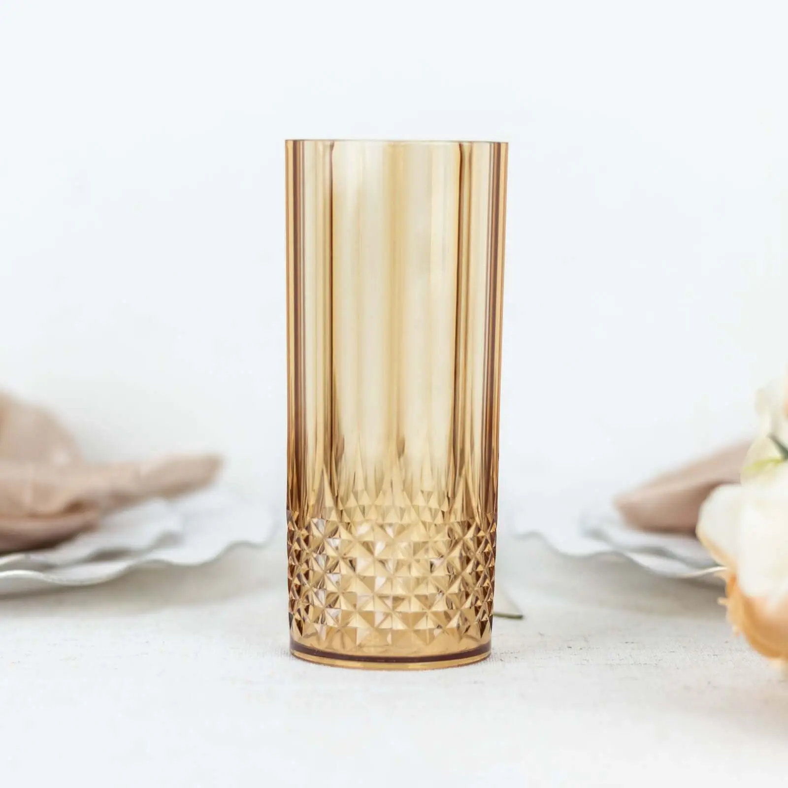 6-Pack Transparent Plastic Highball Drink Glasses 14oz, Crystal Cut Style Amber Gold - Shatterproof Tall Cocktail Tumblers
