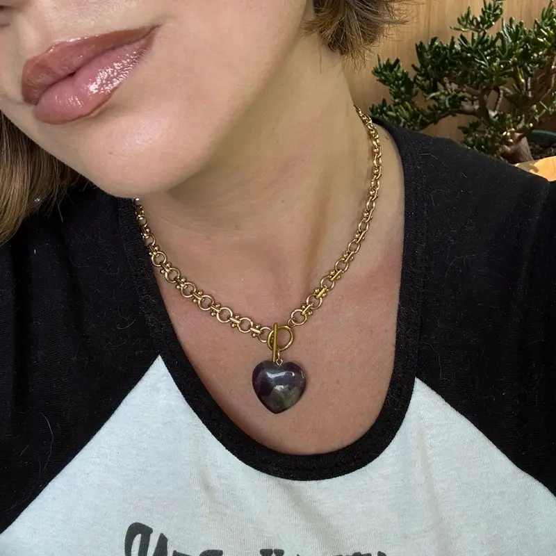 Heart Crystal Necklace - T Clasp Circle Chain Stainless Steel Waterproof Hypoallergenic