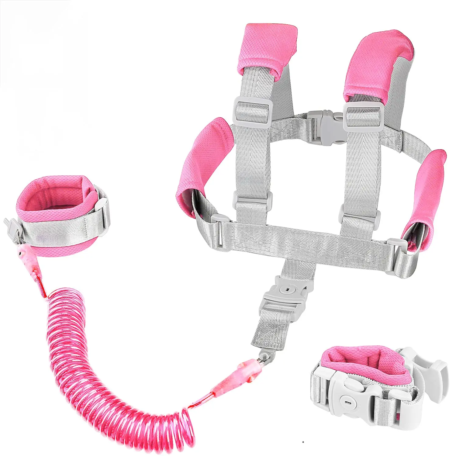 2-in-1 Toddler Safety Harness & Wrist Leash with Safety Lock, Adjustable 8.2 FT Anti-Lost Leash, Pink