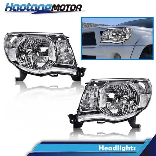 CROSSDESIGN Clear-Chrome Automotive Headlight Assemblies - Car Headlights Replacement Pair Set, Replace OEM, Driver & Passenger Side for 2005-2011 Toyota Tacoma Trucks (Tacoma Fit)