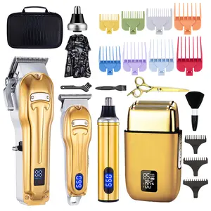 Men’s grooming kit for barbers, includes a hair clipper, hair trimming tool, nose hair trimmer, razor, travel storage case, long battery life, easy to store.