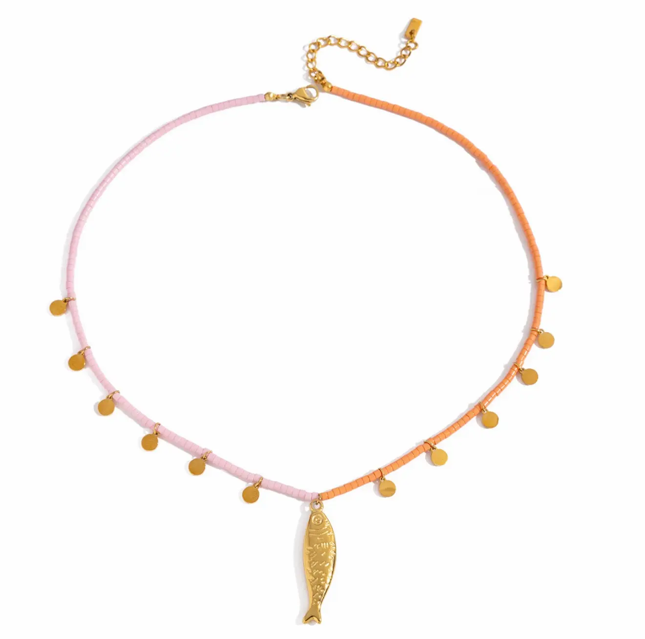 PESCA Fish Pendant Necklace 18K Gold Plated Stainless Steel Orange Pink Rice Beads Waterproof Vacation Style Jewelry For Women