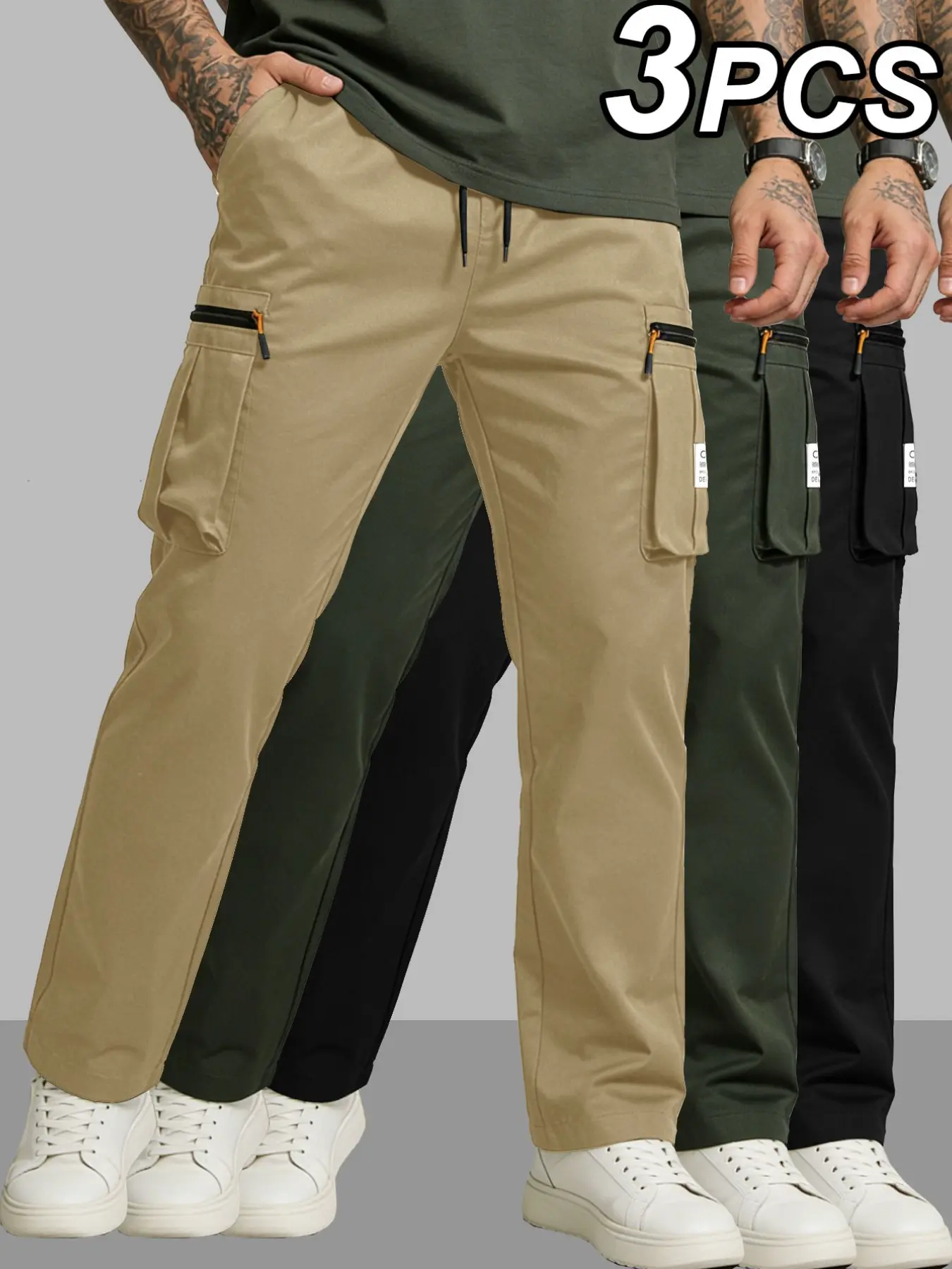 Men's Beige Cargo Pants Casual Straight Fit Work Trousers, Multi Pockets Casual Flap Pocket Drawstring Waist, Outdoor Hiking Pants, Comfortable & Durable Design, Menswear