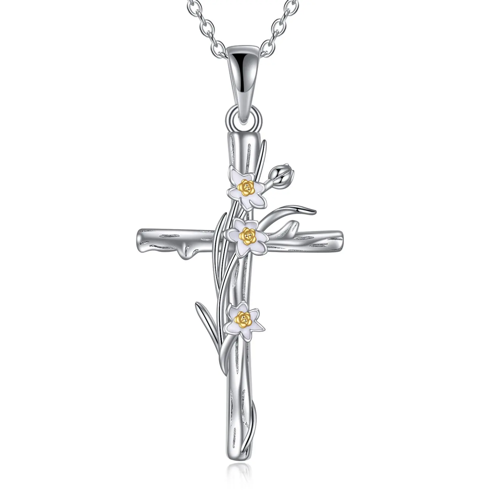 Women Cross Necklace Sterling Silver Daffodils Flower Religious Cross Pendant Necklace Jewelry Christmas Gifts Daffodils cross necklace March Birth Flower