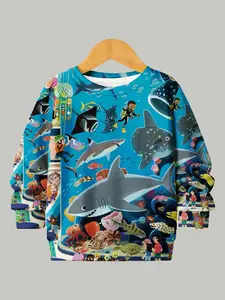 Boys Round Neck Pullover Sweater, Autumn Winter Shark Octopus Diver Coral Reef Underwater World Print, Casual Long Sleeve Fitted Tee