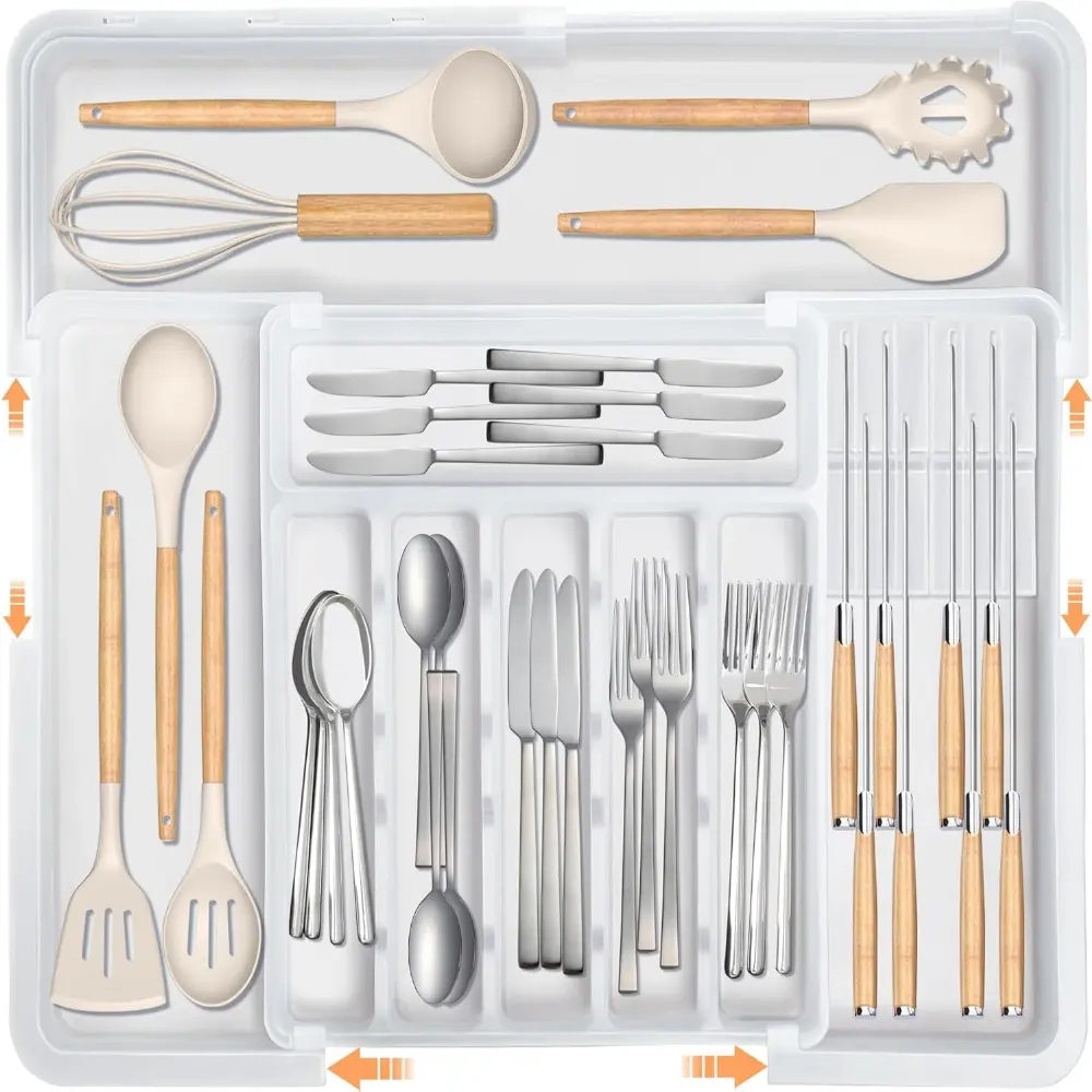 Expandable Plastic Kitchen Utensil Drawer Organizer Set - Smooth Foldable Flatware Holder with 2 Knife Blocks, Buckle-Adjustable Storage for Spoons,Forks,Knives,14.5"d x13"w x2"h (folded),19"d x22"w x2"h (expanded),Ideal Gift Option, 14.5"D X 13"W X 2"H (