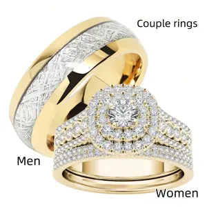 This wedding/engagement ring set includes one 14k gold-plated men's ring and two women's rings set with sparkling Cubic Zirconia stones - a perfect Valentine's Day gift, Mother's Day gift.