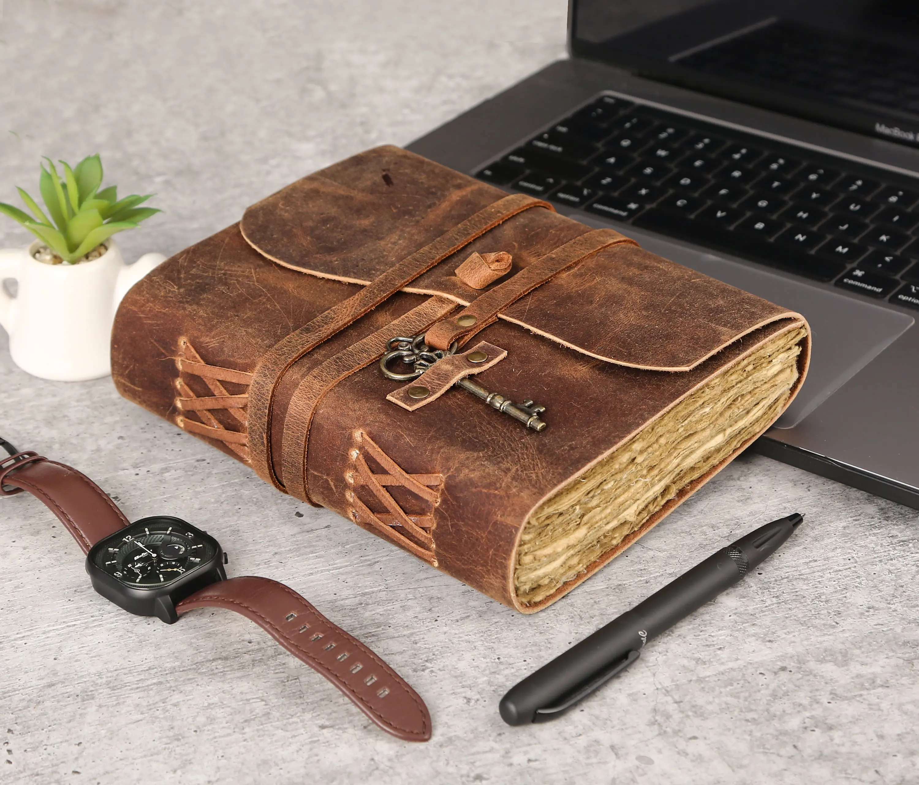 Leather Journal with Lined Deckle Edge Paper 8X6 Inch and Vintage Key/ Handmade Writing Notebook Diary/ Bound Daily Notepad for Men & Women Medium, Sketch/Writing Pad, Gift for Artists Komal's Passion Leather