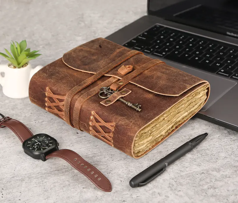 Leather Journal with Lined Deckle Edge Paper 8X6 Inch and Vintage Key/ Handmade Writing Notebook Diary/ Bound Daily Notepad for Men & Women Medium, Sketch/Writing Pad, Gift for Artists Komal's Passion Leather