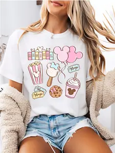 Magical Vacation Treats Graphic Tee Cute Park Snacks and Balloons Women's Summer 100% Cotton T-Shirt